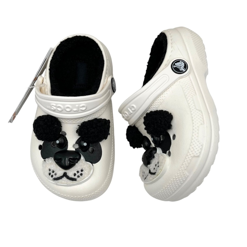 Crocs Toddler Boys Girls PandaBear Lined Clogs Size 9 Chalk Black Slip-on Fuzzy